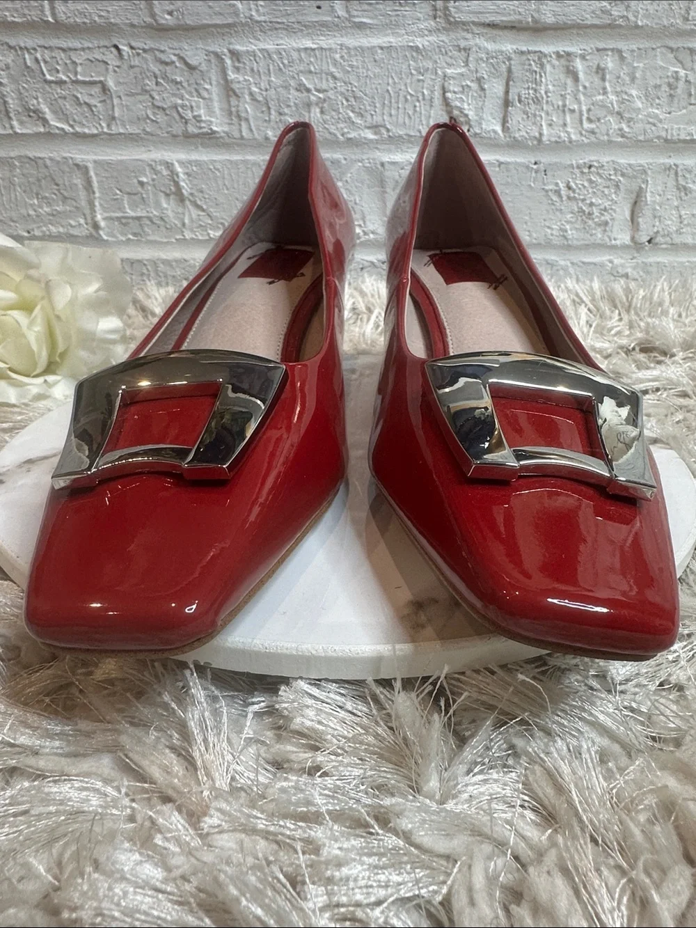 ๐NWOB Lilly Sisto by Gianni Bini Red Patent Square-Toe with Silver Buckle, 11M - Picture 4 of 13